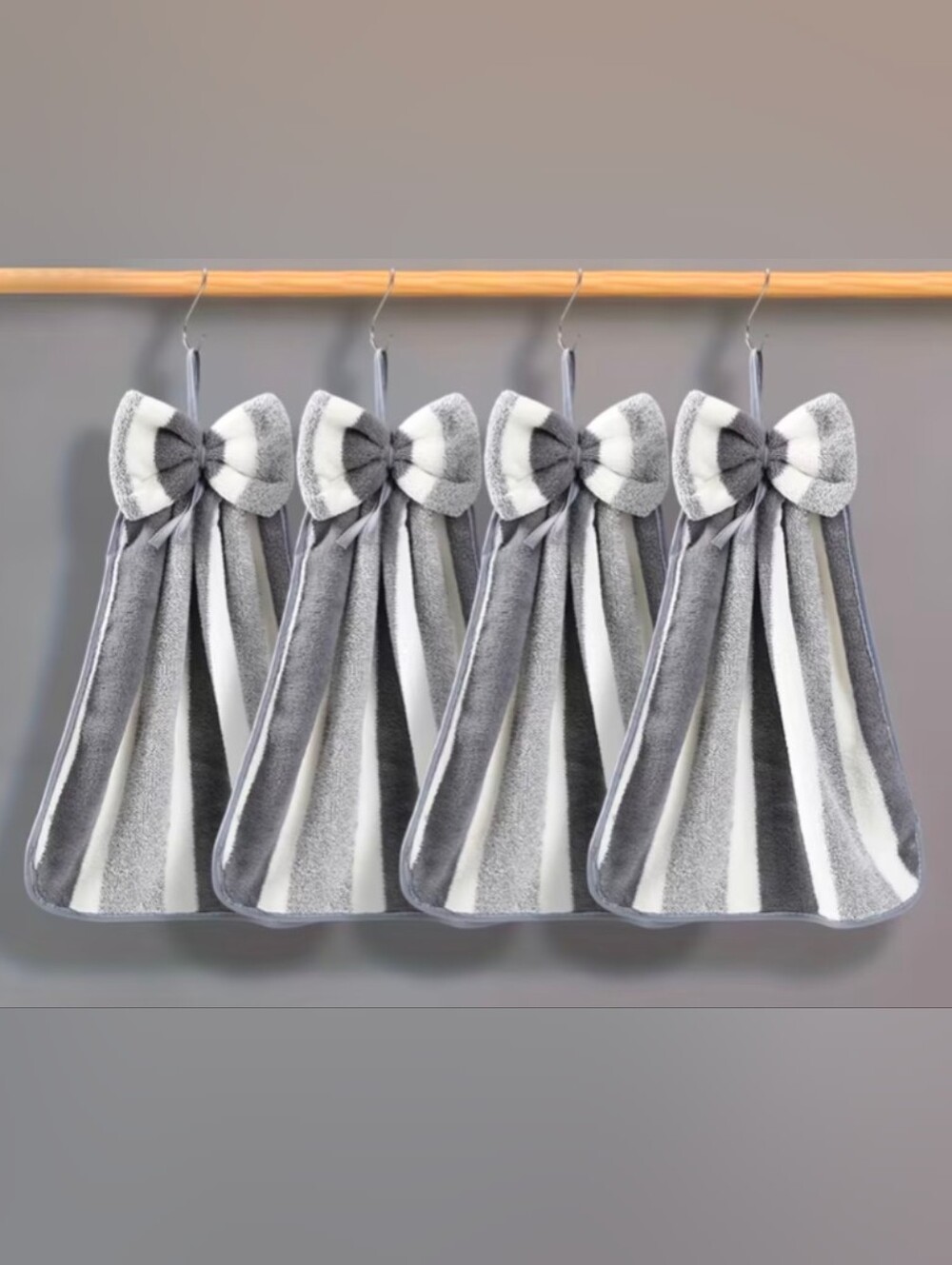 ❤️ Gray & White Striped Hanging Kitchen Towels with Bow (Set of 4) NEW